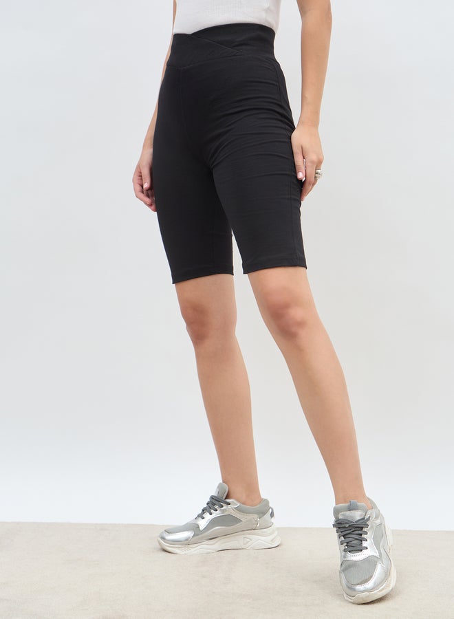 Styli Solid Cycling Shorts with Cross Waistband Detail  - Image 3