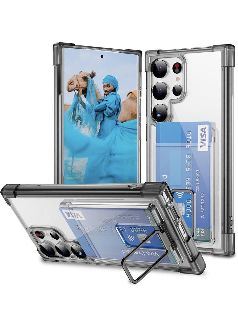 Mmmon Samsung Galaxy S24 Ultra Protective Case with Card Holder, Transparent Slim Heavy Duty Shockproof with Kickstand Protective Case Cover for Samsung Galaxy S24 Ultra(Black） - Image 1