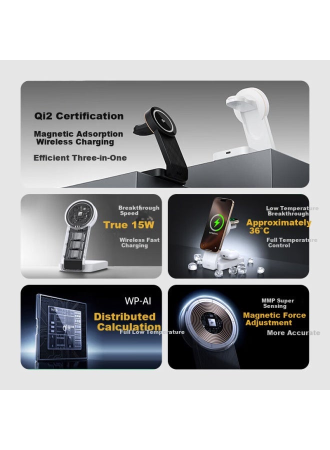 WP W&p Apple Wireless Charger Three-in-one Qi2 Certified Magnetic Portable Stand 15w Fast Charging Base For Iphone 16 Mobile Phone Earphones Apple Iwatch Watch Wp - Image 2