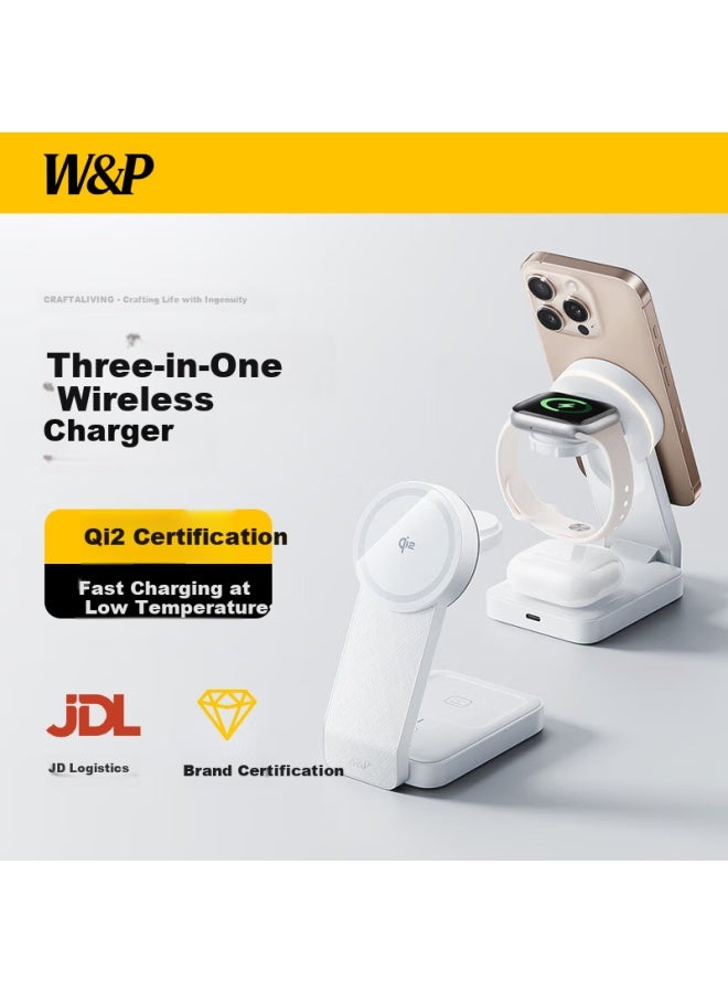 WP W&p Apple Wireless Charger Three-in-one Qi2 Certified Magnetic Portable Stand 15w Fast Charging Base For Iphone 16 Mobile Phone Earphones Apple Iwatch Watch Wp - Image 1