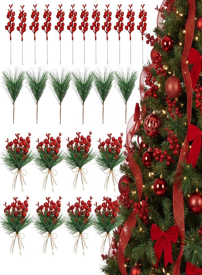 Geosar Red 48 Pieces Christmas Tree Picks Glitter Berry Stems Artificial Small Picks, Pine Branches & Holly Berries Bulk Christmas Sprigs for DIY Xmas Wreath Crafts Gifts, Holiday Xmas Home Decor - Image 1