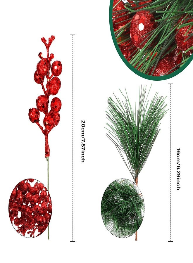 Geosar Red 48 Pieces Christmas Tree Picks Glitter Berry Stems Artificial Small Picks, Pine Branches & Holly Berries Bulk Christmas Sprigs for DIY Xmas Wreath Crafts Gifts, Holiday Xmas Home Decor - Image 2