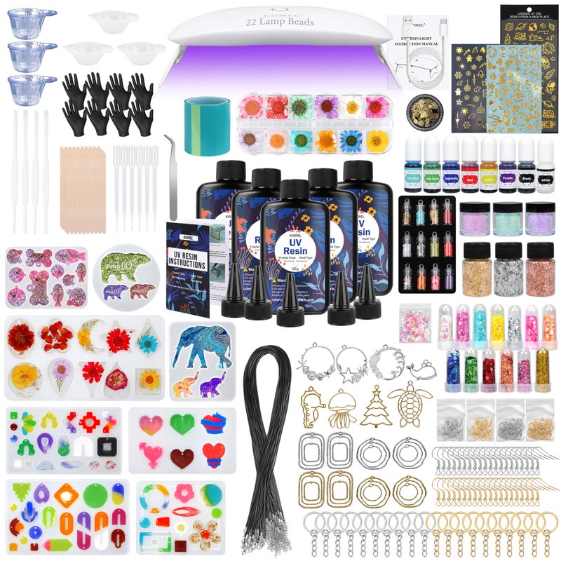 KISREL UV Resin Jewelry Making Kit - 500g Crystal Clear UV Resin with Light and Jewelry Molds, Fast Curing for Keychains, Earring Making, DIY Craft Decorations - Image 1