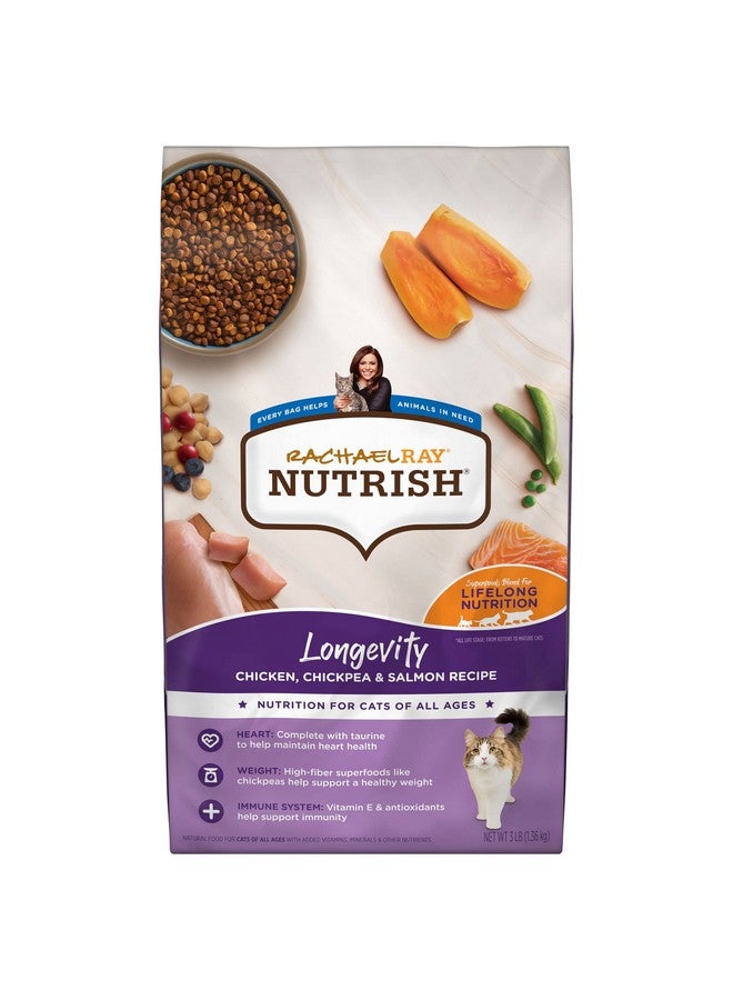 راتشل راي طعام القطط الطبيعي الجاف Nutrish Longevity Premium مع إضافة الفيتامينات والمعادن والعناصر الغذائية الأخرى، وصفة الدجاج مع الحمص والسلمون، 3 أرطال - Image 1