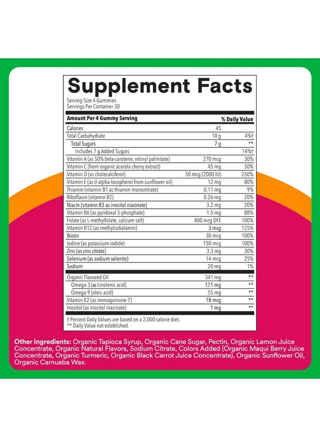 SmartyPants Organic Women's Multivitamin Gummies: Biotin, Methylfolate, Omega 3 (ALA), Vitamin D3, C, Vitamin B12, B6, A, K & Zinc, Inositol, Gluten Free, Vegetarian, 120 Count (30 Day Supply) - Image 3