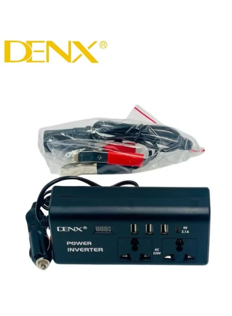 Denx Car Power Inverter, 12V to 220V, High Frequency Modified Sine Wave, 300W, Multi-Port, USB Port + Type-C Port, Plus Includes Battery Adapter - Image 3