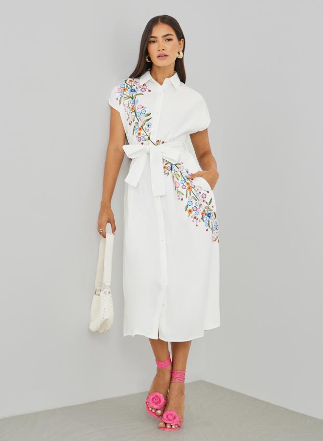 Styli Floral Print Spread Collar Shirt Midi Dress with Belt - Image 1