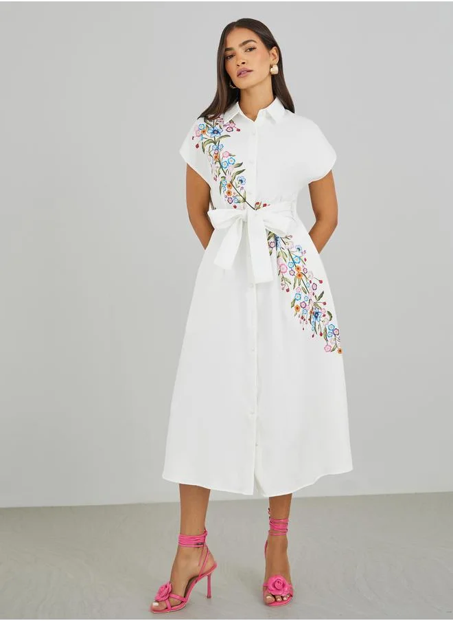 ستايلي Styli Floral Print Spread Collar Shirt Midi Dress with Belt