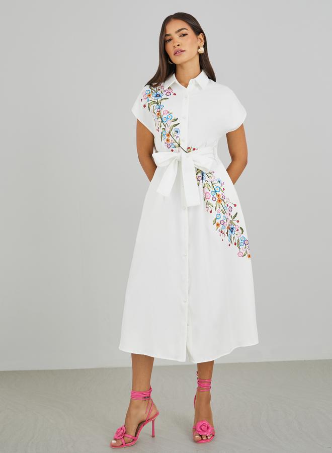 Styli Floral Print Spread Collar Shirt Midi Dress with Belt - Image 2