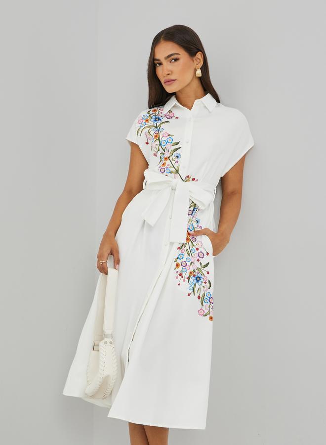 Styli Floral Print Spread Collar Shirt Midi Dress with Belt - Image 3