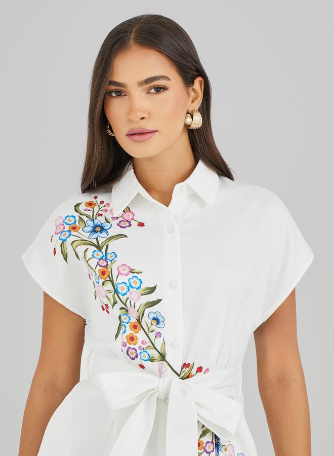 Styli Floral Print Spread Collar Shirt Midi Dress with Belt - Image 4