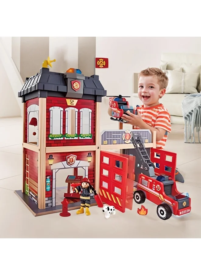 Hape Hape Sustainable Wood Toy Hape Large Fire Station Playset With Battery-Powered Alarms, Fire Fighter, Rescue Dog And Helicopter