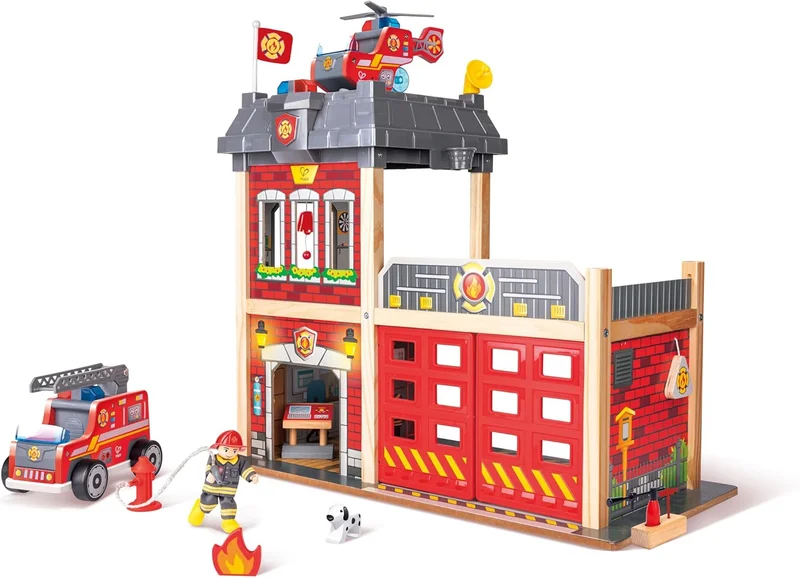 Hape Hape Sustainable Wood Toy Hape Large Fire Station Playset With Battery-Powered Alarms, Fire Fighter, Rescue Dog And Helicopter