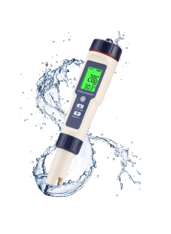 Digital Water Tester, Portable Water Quality Testing Pen with ES, pH, Salinity, Temperature, and TDS Meter, 5-in-1 Multi-parameter Test Pen for Drinking Water, Fish Tank, Hydroponics, and Pool