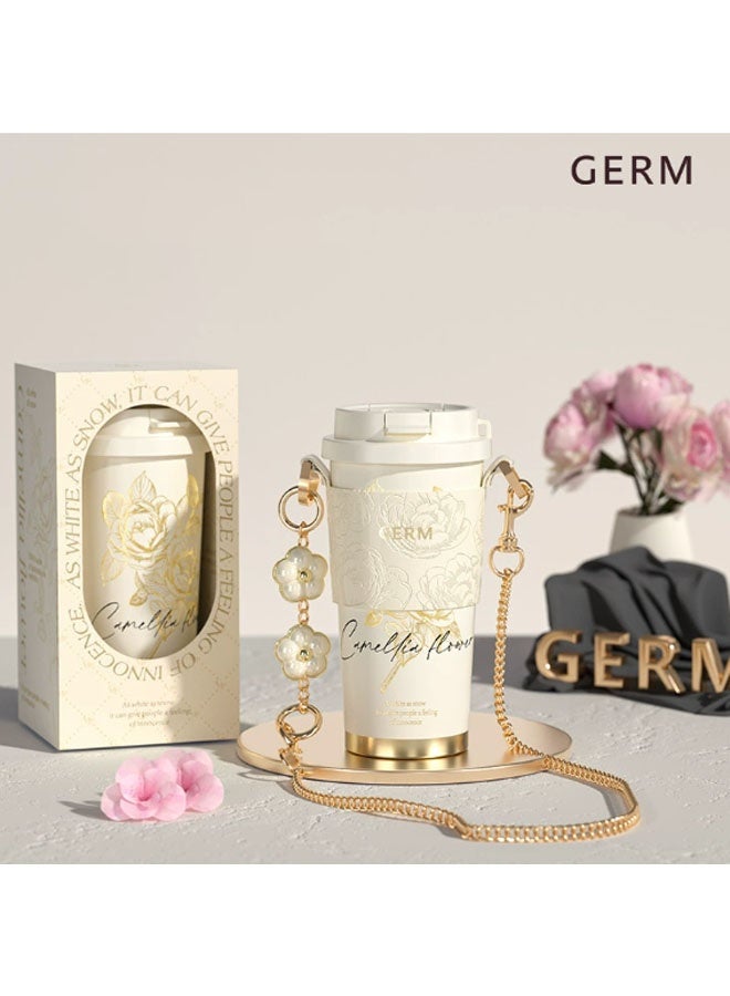 GERM Camellia - 500ml New Insulated Coffee Mug with Straw, Portable Lightweight Camping Flask for Outdoors and Travel. Dimensions with Lid: 18.5 x 9.5cm. 12-Hour Long-Lasting Insulation. Suitable for Drinking Water, Tea, Coffee, Smoothies, or Juice. Ideal for Business Use, Travel, or as a Gift. (White with Gold Floral Pattern) - Image 1