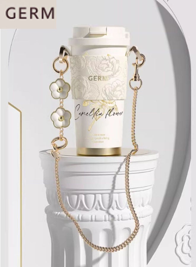 GERM Camellia - 500ml New Insulated Coffee Mug with Straw, Portable Lightweight Camping Flask for Outdoors and Travel. Dimensions with Lid: 18.5 x 9.5cm. 12-Hour Long-Lasting Insulation. Suitable for Drinking Water, Tea, Coffee, Smoothies, or Juice. Ideal for Business Use, Travel, or as a Gift. (White with Gold Floral Pattern) - Image 3