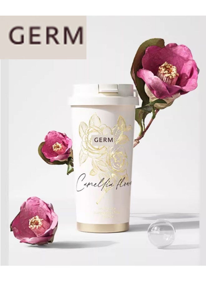 GERM Camellia - 500ml New Insulated Coffee Mug with Straw, Portable Lightweight Camping Flask for Outdoors and Travel. Dimensions with Lid: 18.5 x 9.5cm. 12-Hour Long-Lasting Insulation. Suitable for Drinking Water, Tea, Coffee, Smoothies, or Juice. Ideal for Business Use, Travel, or as a Gift. (White with Gold Floral Pattern) - Image 2