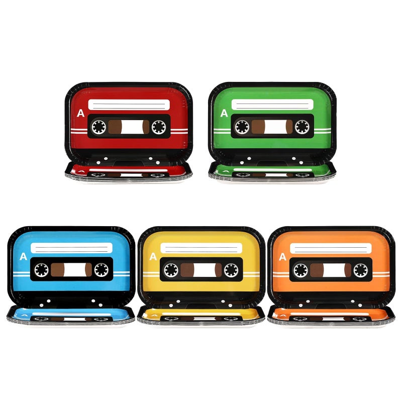 Grencian 60Pcs Cassette Tape Paper Plates 10" x 6.5" Retro Cassette Tape Square Paper Plates Music Themed Party Disposable Tableware for 80s 90s Retro Disco Hip Hop Theme Party Decorations - Image 1