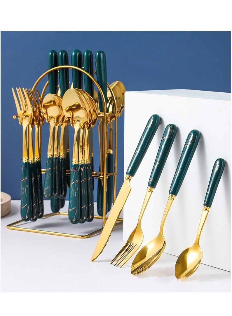 Y&D 24 Piece Ceramics Stainless Steel Flatware Set with Knife Spoon Fork（Dark Green） - Image 5