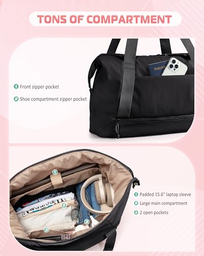 Smasrob Travel Duffle Bag with Shoe Compartment and Laptop Sleeve for Women Lightweight Weekender Duffel Bag for Travel Gym Hospital Labor Delivery Black - Image 3