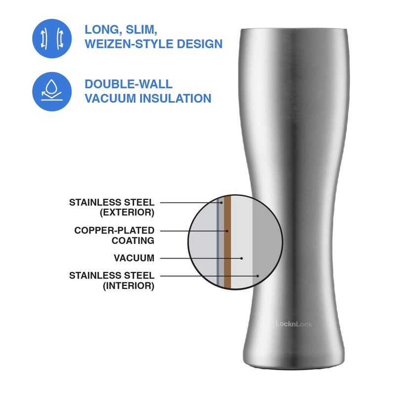 LocknLock Beer Tumbler with Lid for Drink, Beverage, Cocktail, Condensation Free, Double Wall Insulated, Stainless Steel, Pilsner-Style Drinkware, 560ml, Silver - Image 4