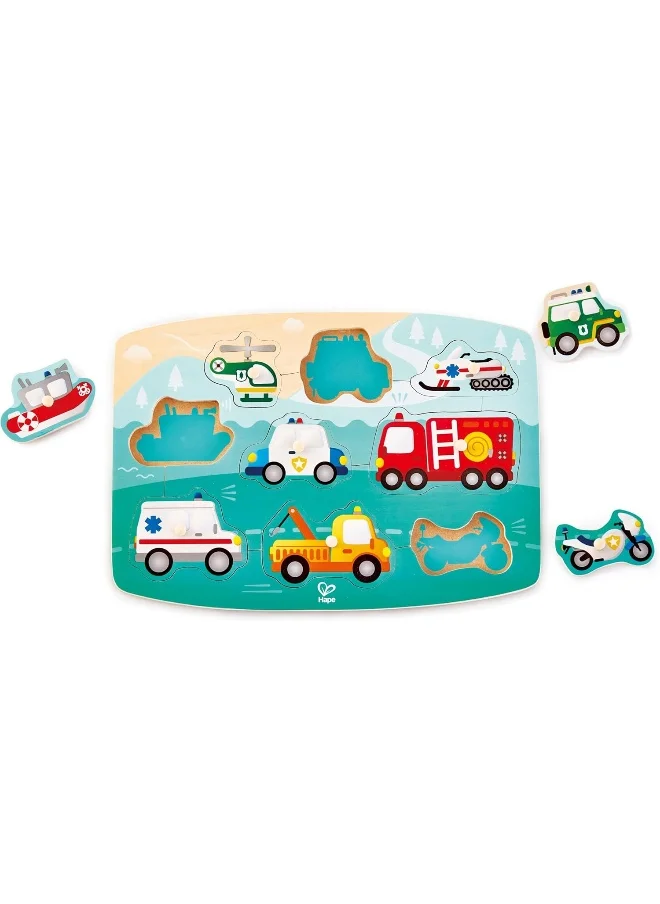 Hape Emergency Peg Puzzle, Multi Color Wooden 9 Piece Peg Puzzle, For Toddlers, Wooden Puzzles, Interactive Vehicles Kids Toy, Non-Toxic & Child-Safe