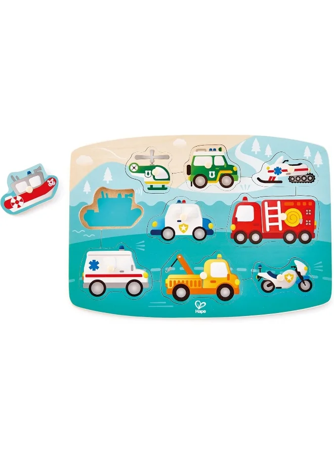 Hape Emergency Peg Puzzle, Multi Color Wooden 9 Piece Peg Puzzle, For Toddlers, Wooden Puzzles, Interactive Vehicles Kids Toy, Non-Toxic & Child-Safe