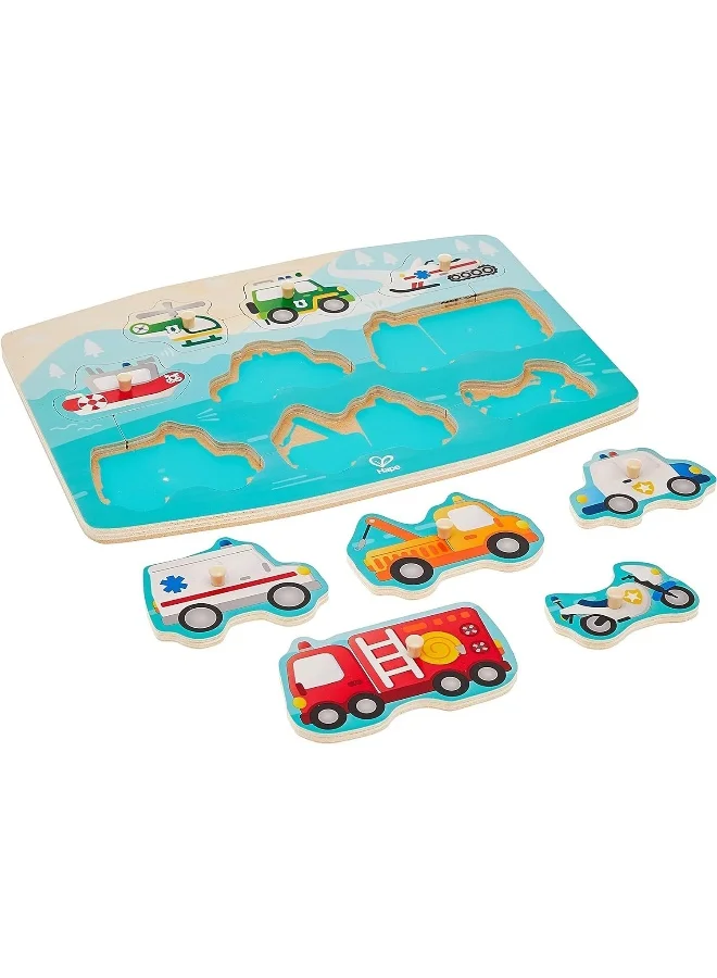 Hape Emergency Peg Puzzle, Multi Color Wooden 9 Piece Peg Puzzle, For Toddlers, Wooden Puzzles, Interactive Vehicles Kids Toy, Non-Toxic & Child-Safe