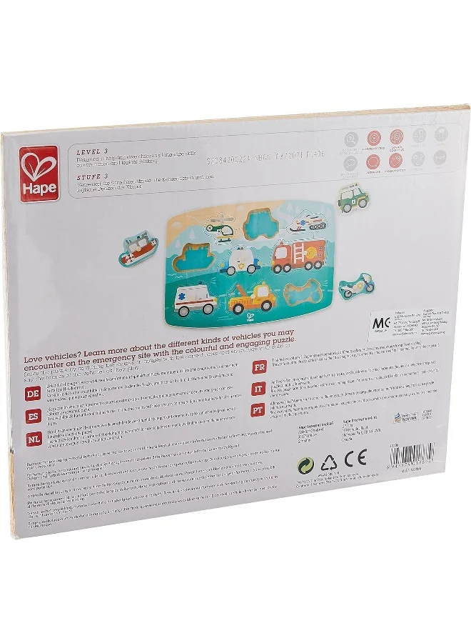 Hape Emergency Peg Puzzle, Multi Color Wooden 9 Piece Peg Puzzle, For Toddlers, Wooden Puzzles, Interactive Vehicles Kids Toy, Non-Toxic & Child-Safe