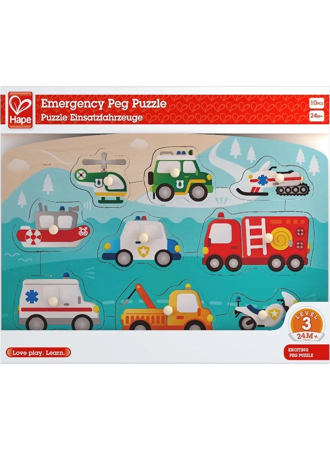 Hape Emergency Peg Puzzle, Multi Color Wooden 9 Piece Peg Puzzle, For Toddlers, Wooden Puzzles, Interactive Vehicles Kids Toy, Non-Toxic & Child-Safe