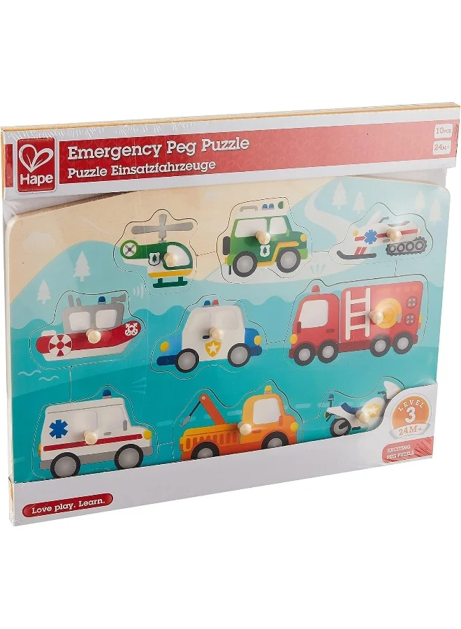 Hape Emergency Peg Puzzle, Multi Color Wooden 9 Piece Peg Puzzle, For Toddlers, Wooden Puzzles, Interactive Vehicles Kids Toy, Non-Toxic & Child-Safe