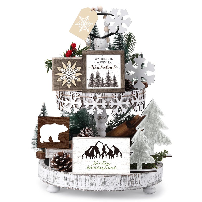 GlikCeil 19 Pcs Winter Tiered Tray Decor Snowflakes Wood Rustic Decoration Tiered Sign Table Centerpieces Without Tray for Tabletop Shelf Winter Xmas Home Party GiftsInk Wonderland - Image 2