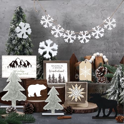 GlikCeil 19 Pcs Winter Tiered Tray Decor Snowflakes Wood Rustic Decoration Tiered Sign Table Centerpieces Without Tray for Tabletop Shelf Winter Xmas Home Party GiftsInk Wonderland - Image 3