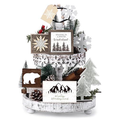 GlikCeil 19 Pcs Winter Tiered Tray Decor Snowflakes Wood Rustic Decoration Tiered Sign Table Centerpieces Without Tray for Tabletop Shelf Winter Xmas Home Party GiftsInk Wonderland - Image 1