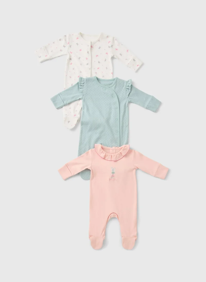 Matalan 3 Pack Baby Multicolour Mouse Sleepsuits