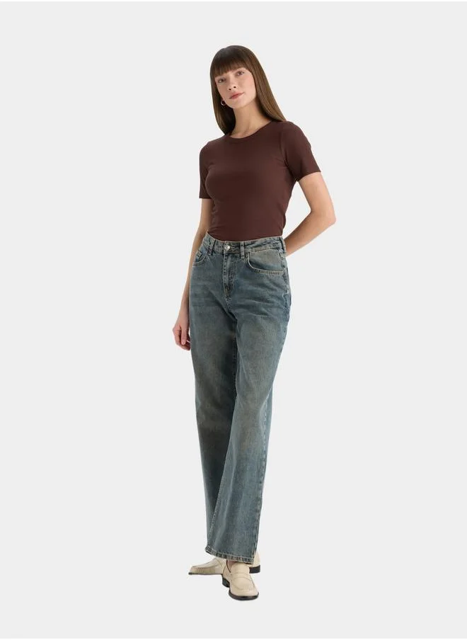 DeFacto DeFacto Women Brown Ribbed Short Sleeve TShirt