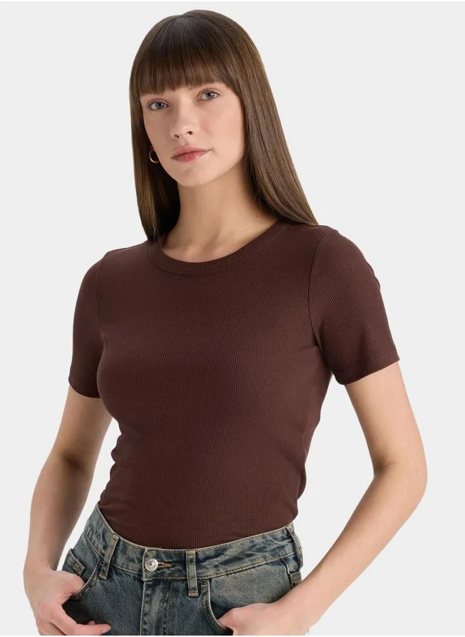 DeFacto DeFacto Women Brown Ribbed Short Sleeve TShirt
