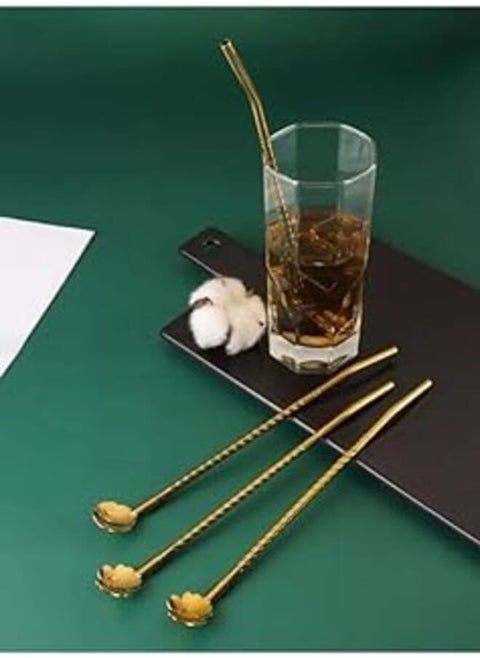 A set of spoon, fork and straw in the same product, made of gold stainless steel, consisting of 6 stainless spoons + a cleaning brush for serving juices, drinks and smoothies in a different way