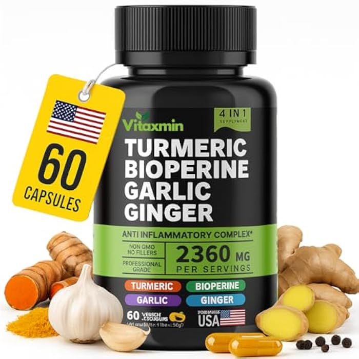 vitaxmin Turmeric Curcumin Supplement with BioPerine & Garlic - 2360mg High Potency Turmeric Ginger Root Capsules for Joint Support, Immune Health & Anti Inflammatory - 60 Veggie Caps - Image 1