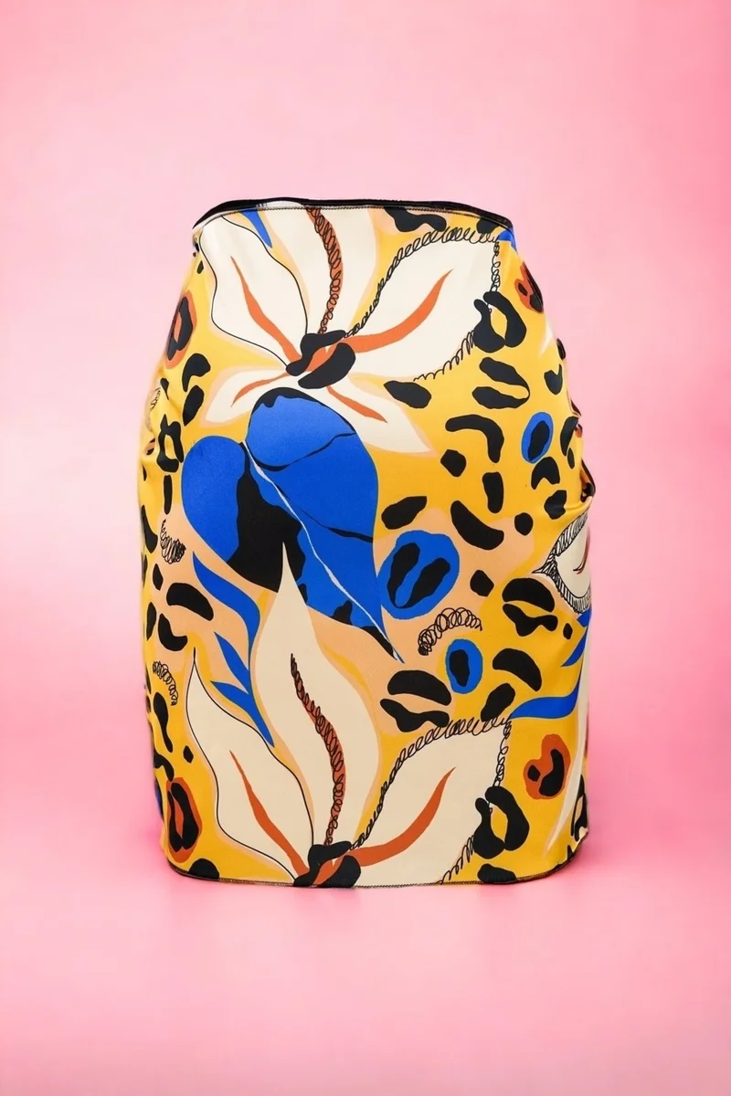 Pistore Yellow Blue Floral and Leopard Patterned Short Pareo Satin Women's Beach Dress New Season