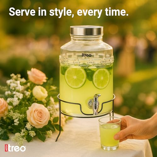 Treo by Milton Tropica Dispensing Glass Jar 5600 ml, Iced Drink Dispenser with Metal Stand & Tap, Stainless Steel lid, Cold Beverage Dispenser for Beer, Water, Cocktails, Detox Drinks, Transparent - Image 4