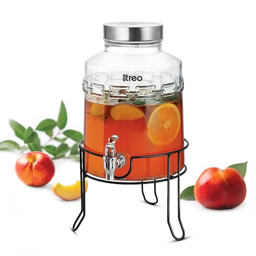 Treo by Milton Tropica Dispensing Glass Jar 5600 ml, Iced Drink Dispenser with Metal Stand & Tap, Stainless Steel lid, Cold Beverage Dispenser for Beer, Water, Cocktails, Detox Drinks, Transparent - Image 1