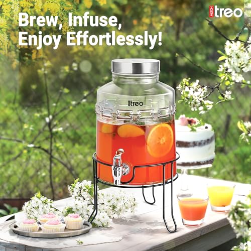 Treo by Milton Tropica Dispensing Glass Jar 5600 ml, Iced Drink Dispenser with Metal Stand & Tap, Stainless Steel lid, Cold Beverage Dispenser for Beer, Water, Cocktails, Detox Drinks, Transparent - Image 3