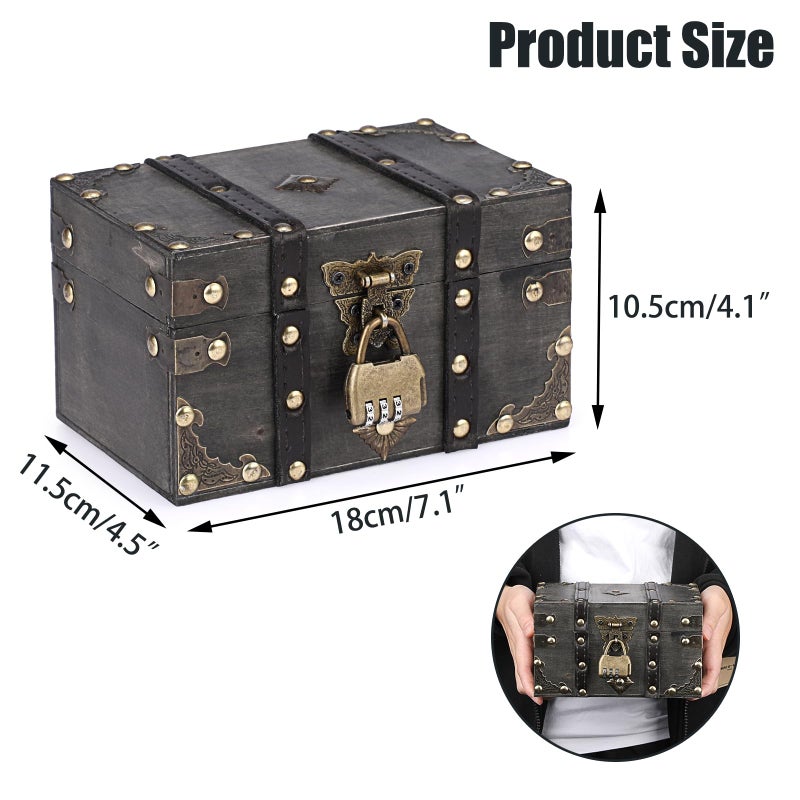 ELLDOO Wooden Treasure Chest with Lock, Vintage Pirate Chest Keepsakes Box for Kids Gifts, Handmade Treasure Storage Decorative Box for Jewelry Coins Collectibles, Small - Image 2