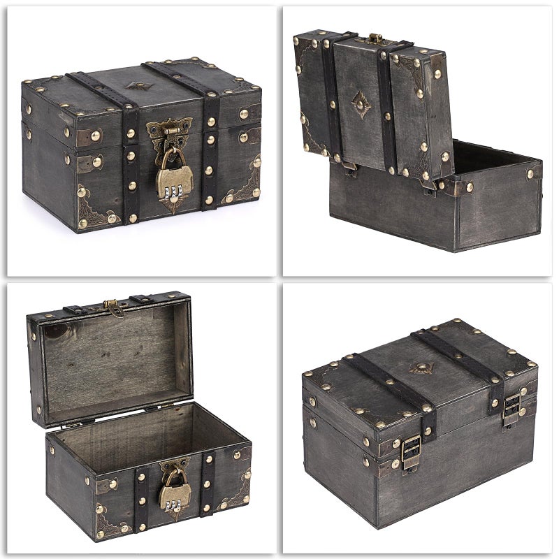 ELLDOO Wooden Treasure Chest with Lock, Vintage Pirate Chest Keepsakes Box for Kids Gifts, Handmade Treasure Storage Decorative Box for Jewelry Coins Collectibles, Small - Image 3