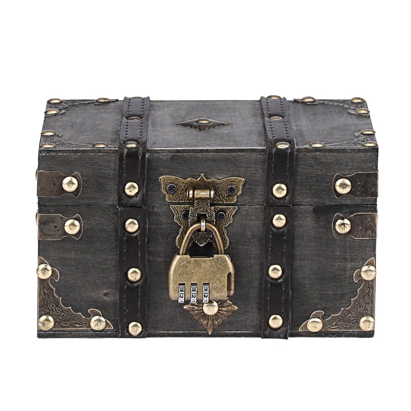 ELLDOO Wooden Treasure Chest with Lock, Vintage Pirate Chest Keepsakes Box for Kids Gifts, Handmade Treasure Storage Decorative Box for Jewelry Coins Collectibles, Small - Image 1