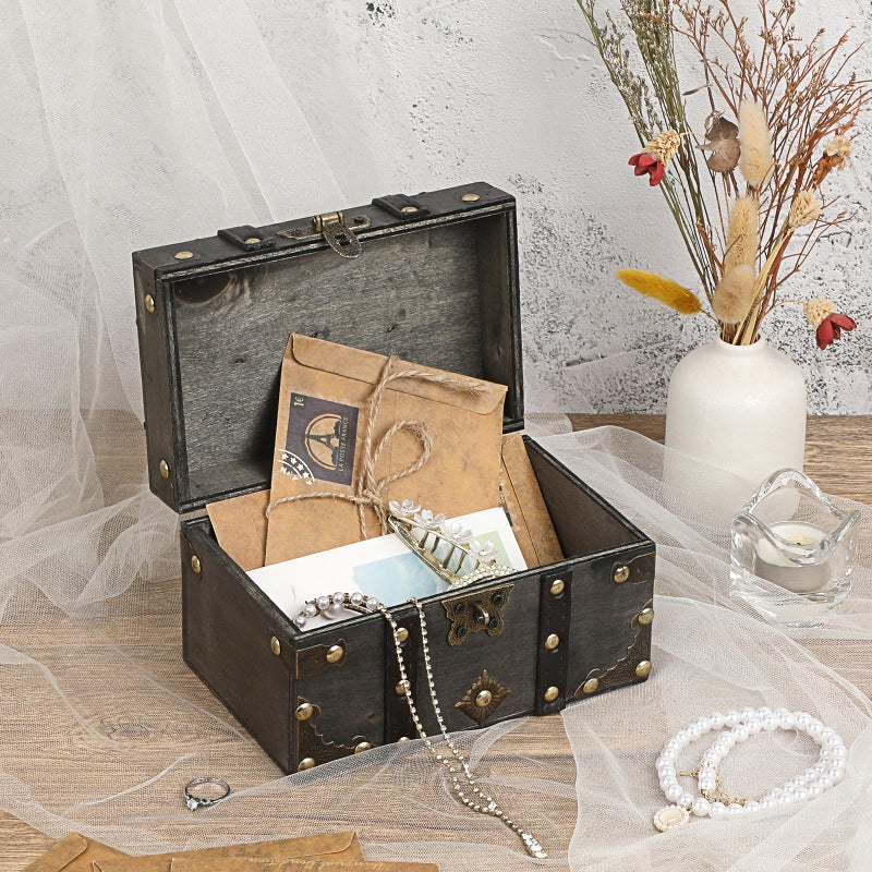 ELLDOO Wooden Treasure Chest with Lock, Vintage Pirate Chest Keepsakes Box for Kids Gifts, Handmade Treasure Storage Decorative Box for Jewelry Coins Collectibles, Small - Image 5