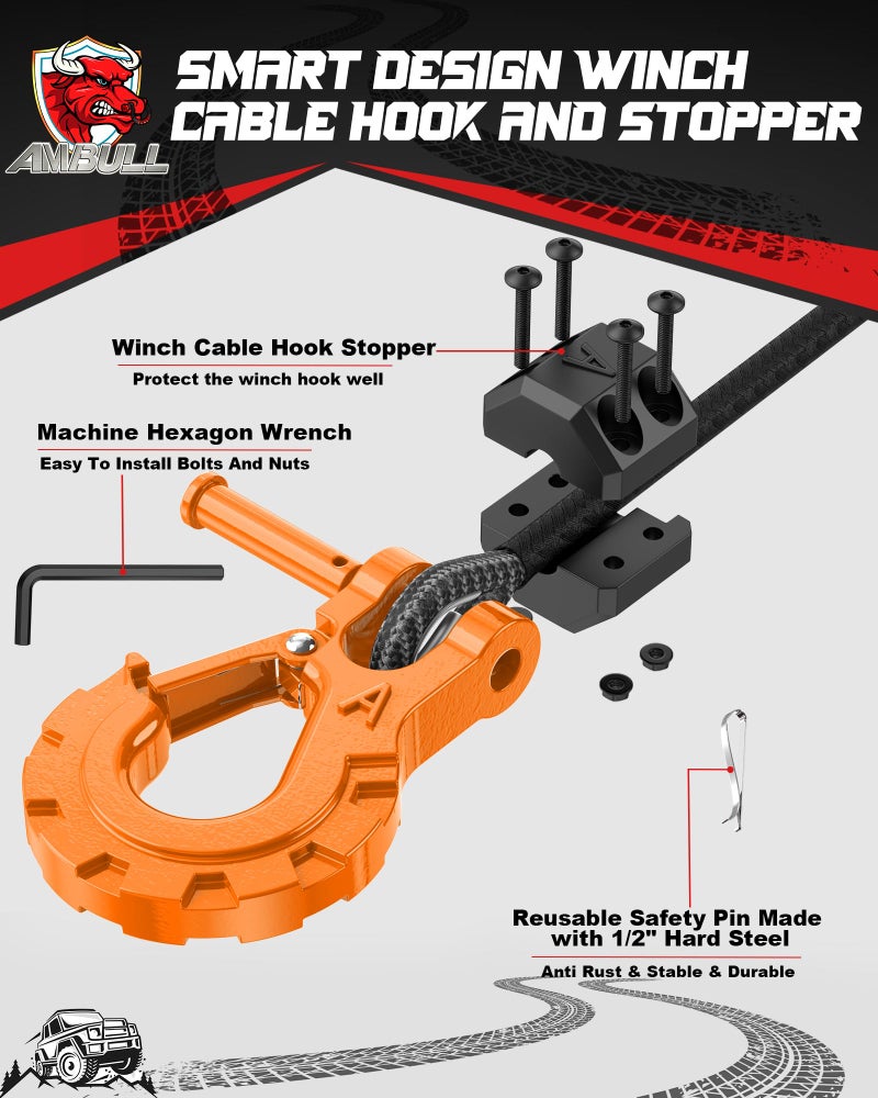 AMBULL 3/8" Winch Hook & Winch Cable Hook Stopper Sets, Heavy Duty Grade 70 Forged Steel Recovery Hook with Safety Latch, Included Allen Wrench,Max 37,478 Lbs, Orange - Image 3