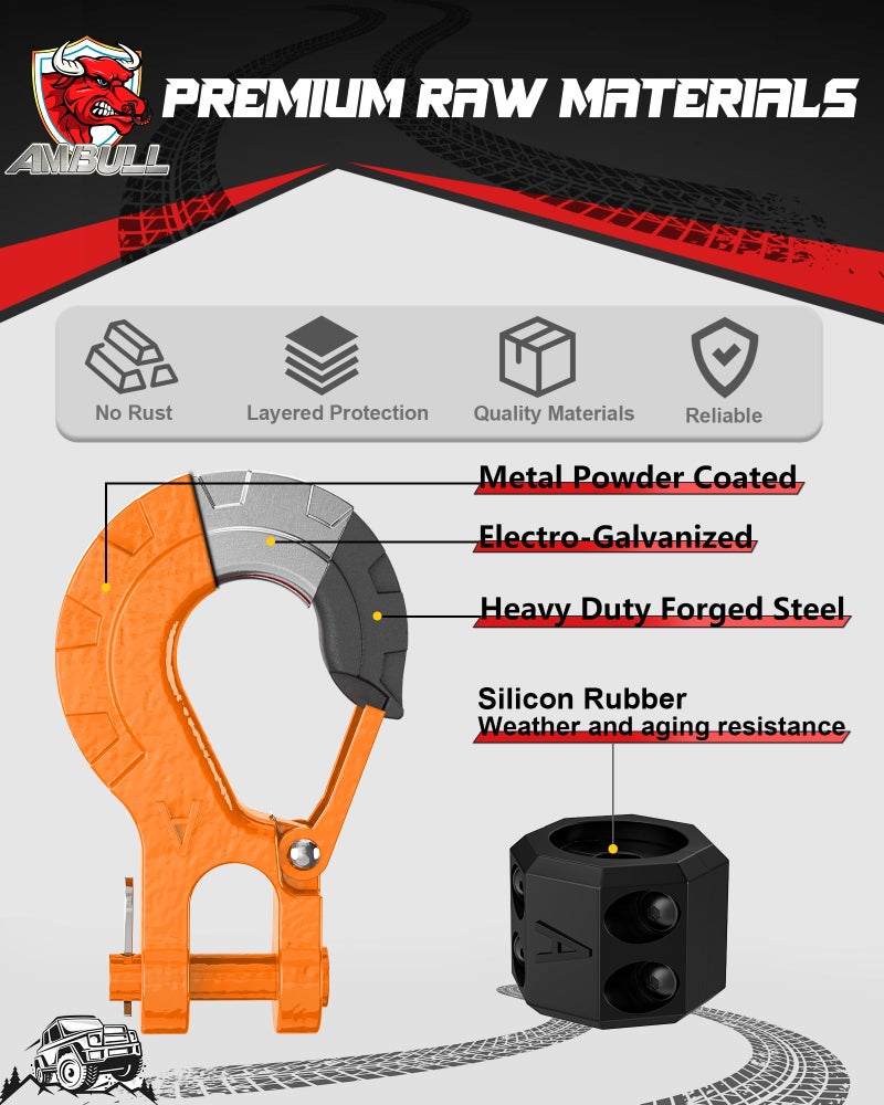 AMBULL 3/8" Winch Hook & Winch Cable Hook Stopper Sets, Heavy Duty Grade 70 Forged Steel Recovery Hook with Safety Latch, Included Allen Wrench,Max 37,478 Lbs, Orange - Image 5