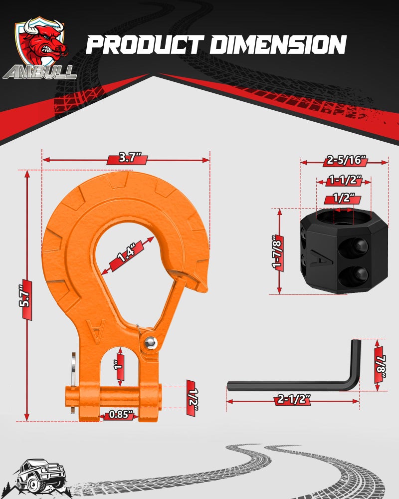 AMBULL 3/8" Winch Hook & Winch Cable Hook Stopper Sets, Heavy Duty Grade 70 Forged Steel Recovery Hook with Safety Latch, Included Allen Wrench,Max 37,478 Lbs, Orange - Image 2